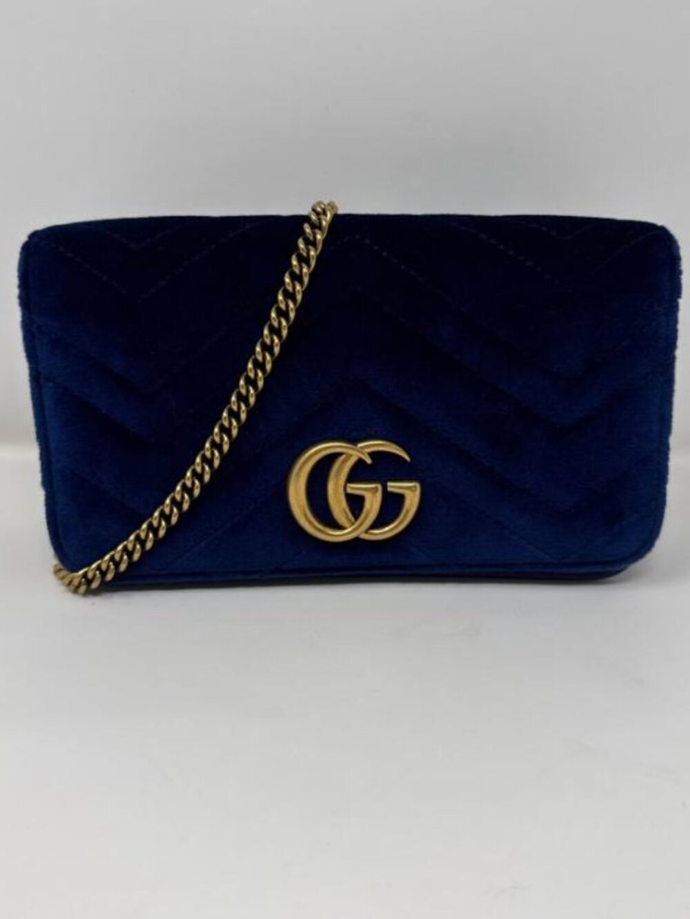 Authentic Gucci Blue Velvet GG Marmont Chain Crossbody Bag